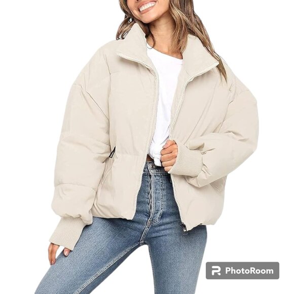 MEROKEETY Womens Winter Long Sleeve Zip Puffer Baggy Short Down Coat S Beige NWT - Picture 1 of 14